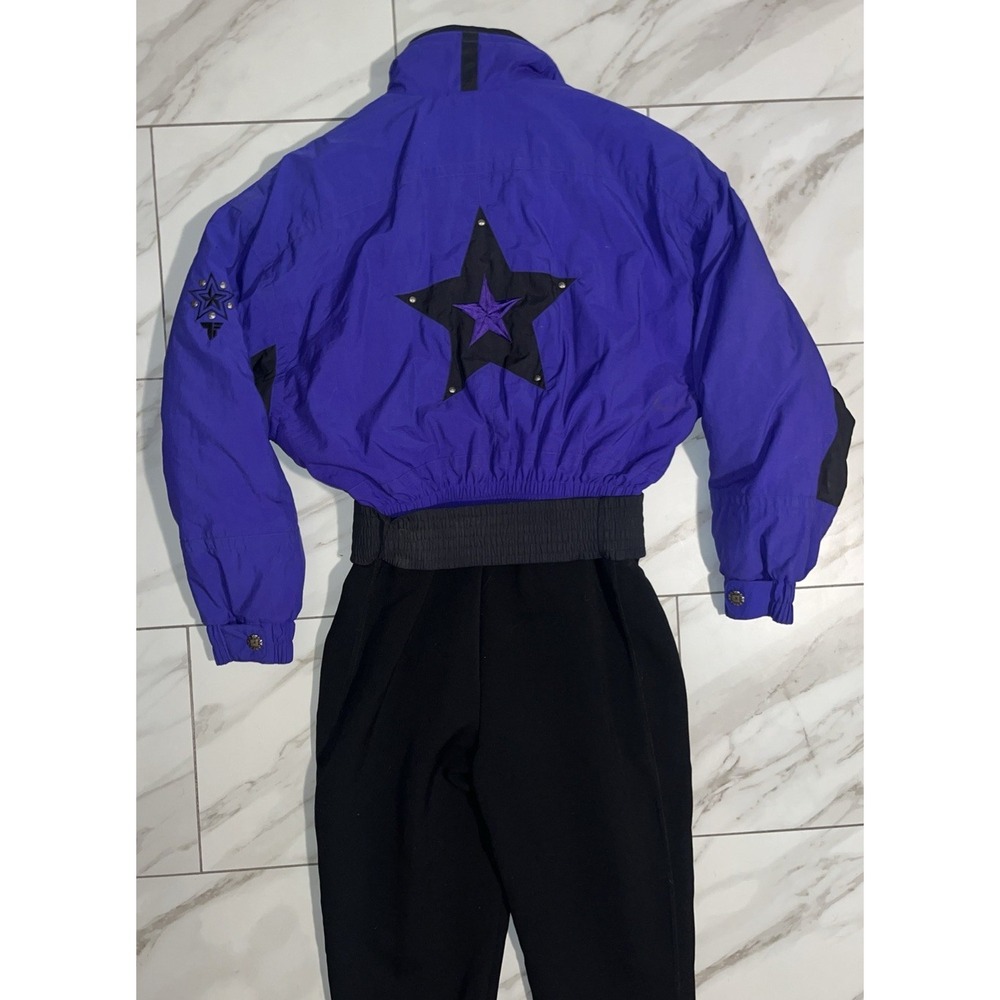 Vintage 80s 90s Tyrolia Women's 12 One Piece Ski Suit Purple Star Stirrup